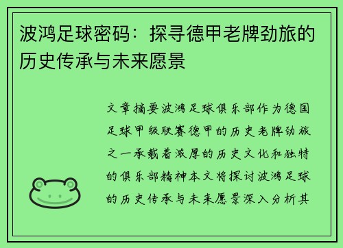 波鸿足球密码：探寻德甲老牌劲旅的历史传承与未来愿景