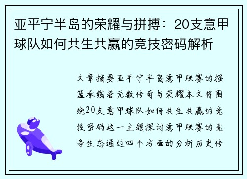 亚平宁半岛的荣耀与拼搏：20支意甲球队如何共生共赢的竞技密码解析