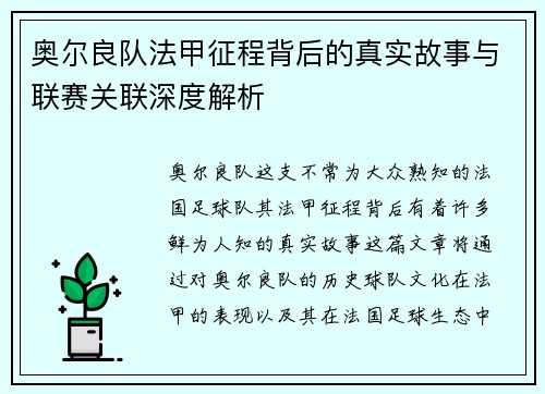 奥尔良队法甲征程背后的真实故事与联赛关联深度解析