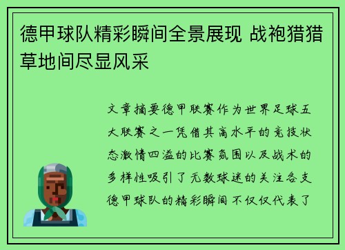 德甲球队精彩瞬间全景展现 战袍猎猎草地间尽显风采