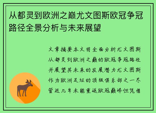 从都灵到欧洲之巅尤文图斯欧冠争冠路径全景分析与未来展望