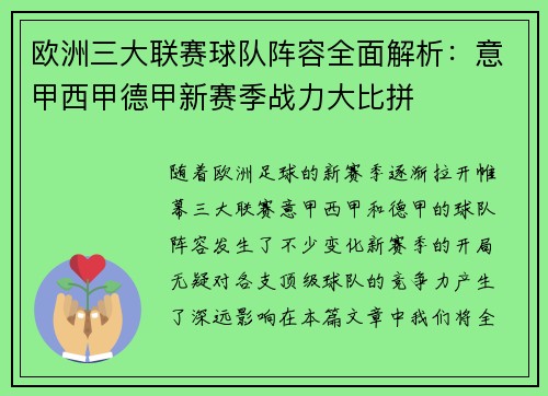 欧洲三大联赛球队阵容全面解析：意甲西甲德甲新赛季战力大比拼